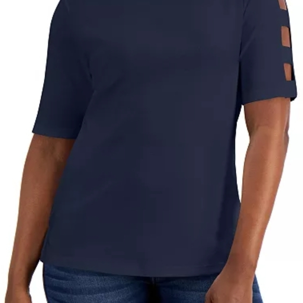 Karen Scott Navy 100% Cotton With Cut- Out Sleeves SZ 2X Preloved - Picture 2 of 11